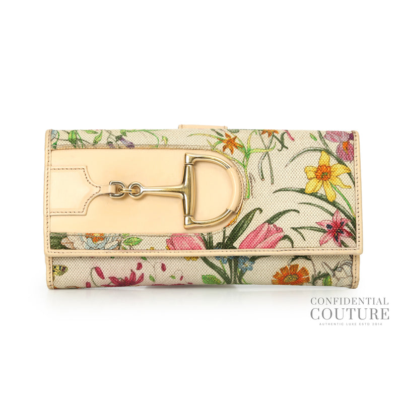 Gucci Flora/Nude Horsebit Flap Wallet