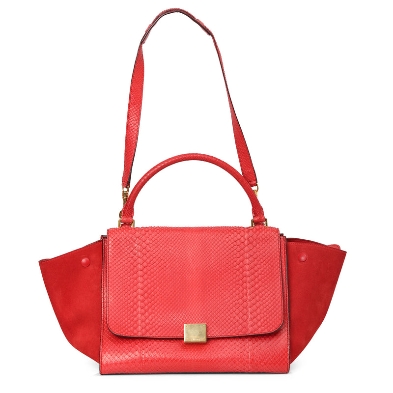 women Celine Red Python & Suede Medium Trapeze Bag