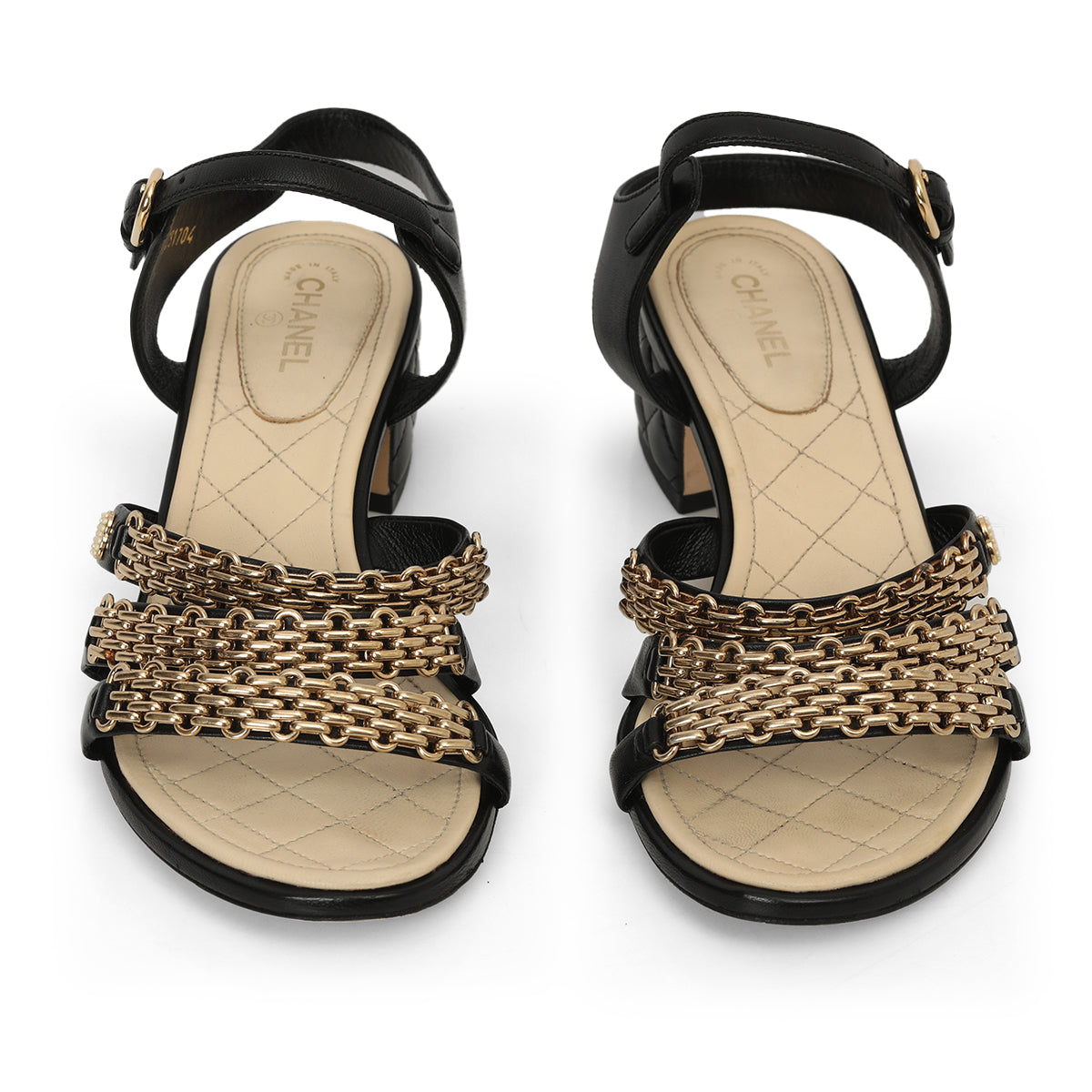 Black Leather Gold Chain 3-Strap Sandals Size: 39