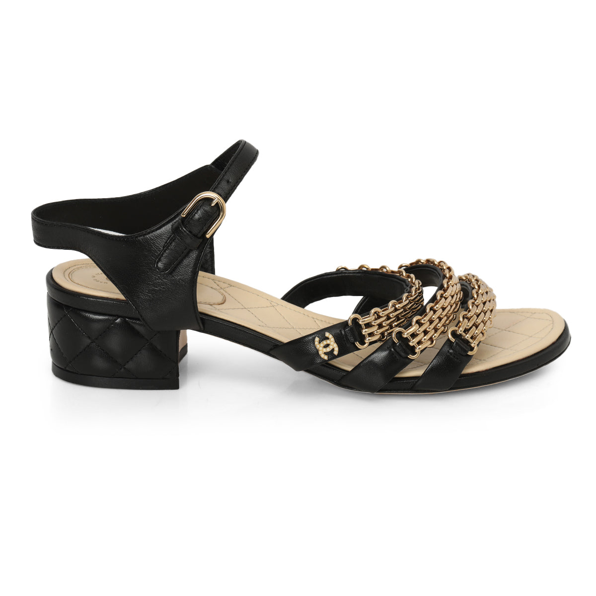 Black Leather Gold Chain 3-Strap Sandals Size: 39