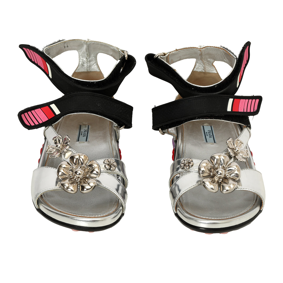 Silver Patent Leather Floral Embellished Ankle Strap Sandals Size: 39