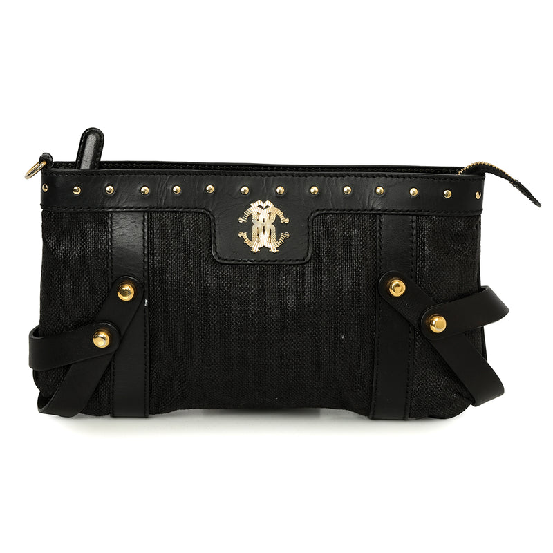 Pre-loved Roberto Cavalli Leather Trim Black Canvas Clutch One Size
