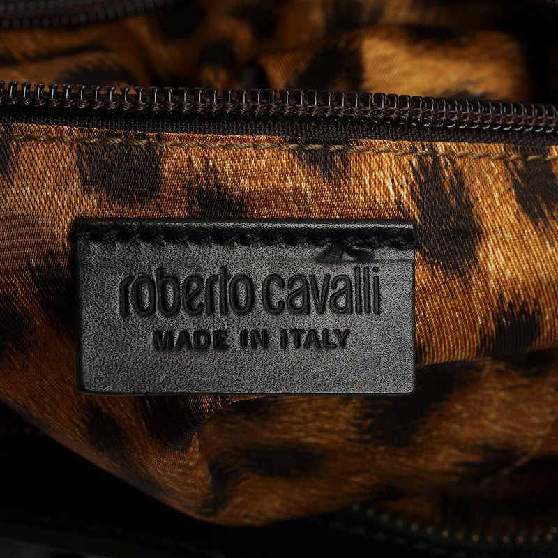 Roberto Cavalli Leather Trim Black Canvas Clutch One Size