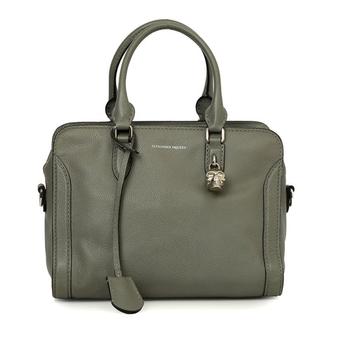 Grey Calfskin Leather Small Skull Padlock Zip Tote Bag