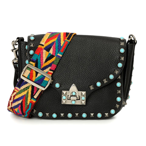 Black Leather Guitar Rolling Rockstud Shoulder Bag Small