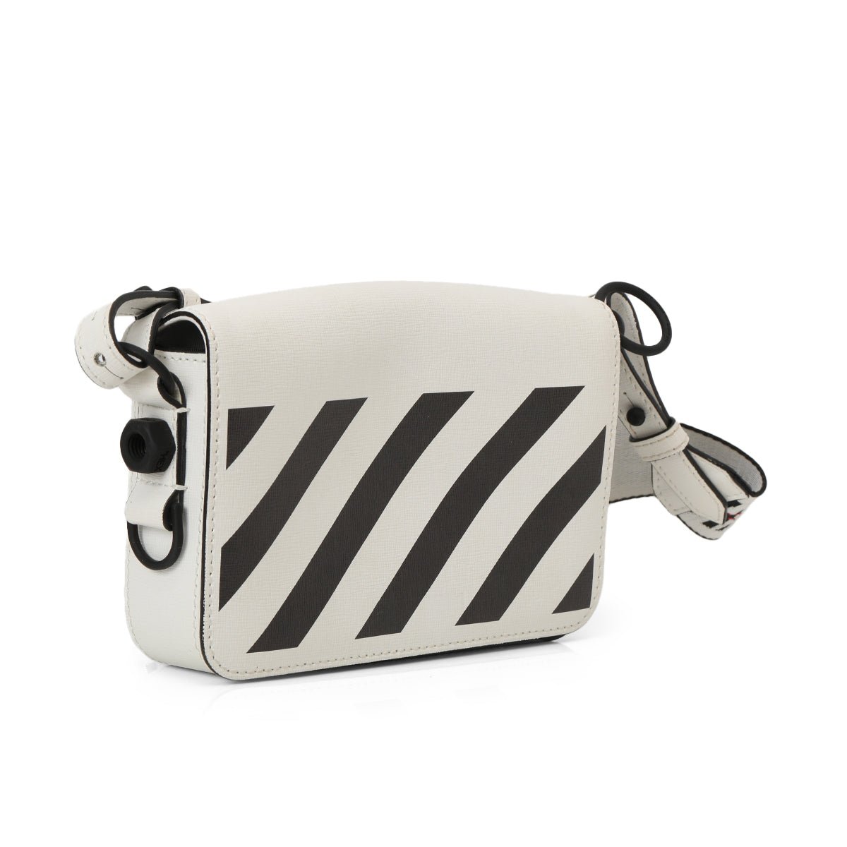 White/Black Diag Print Leather Binder Clip Crossbody Bag