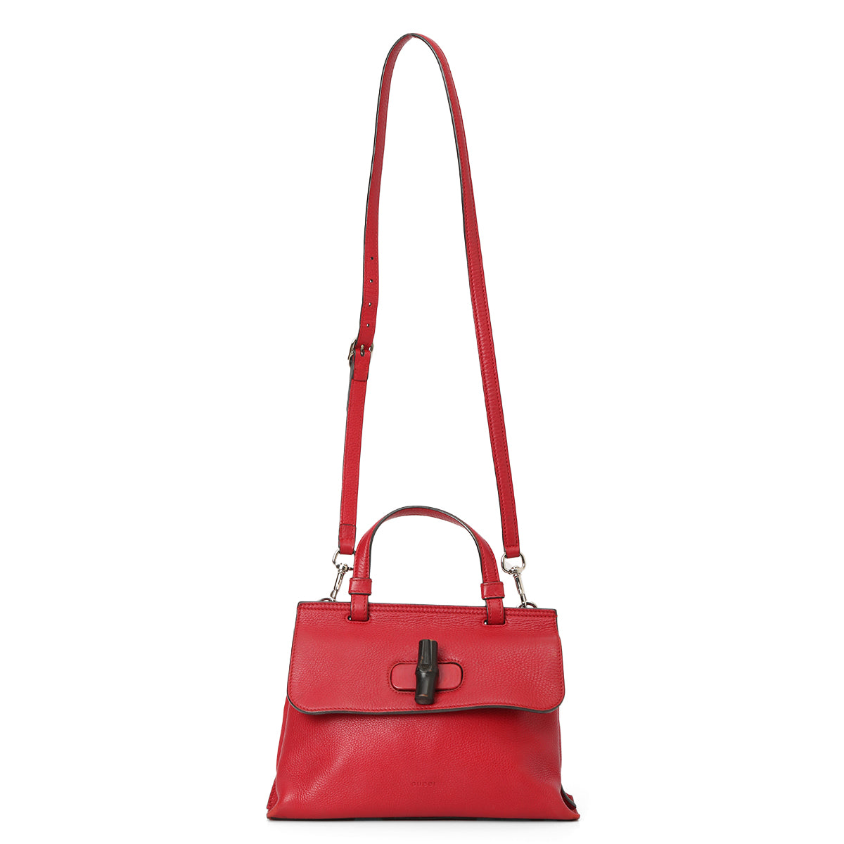 Red Pebbled Leather Bamboo Daily Top Handle Bag Small