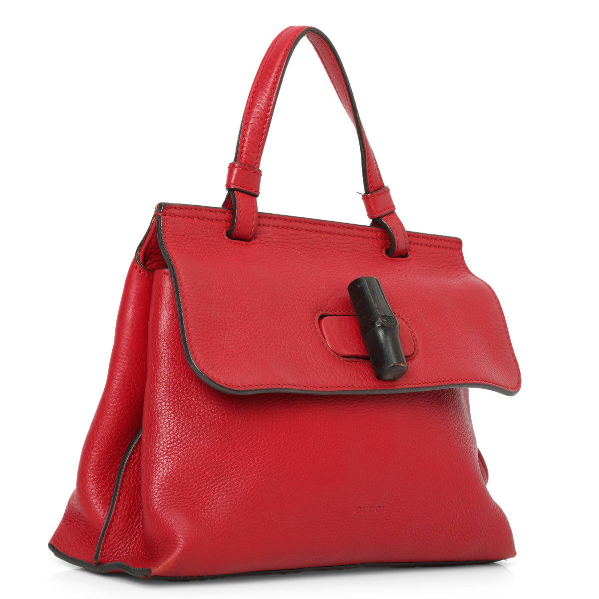 Red Pebbled Leather Bamboo Daily Top Handle Bag Small