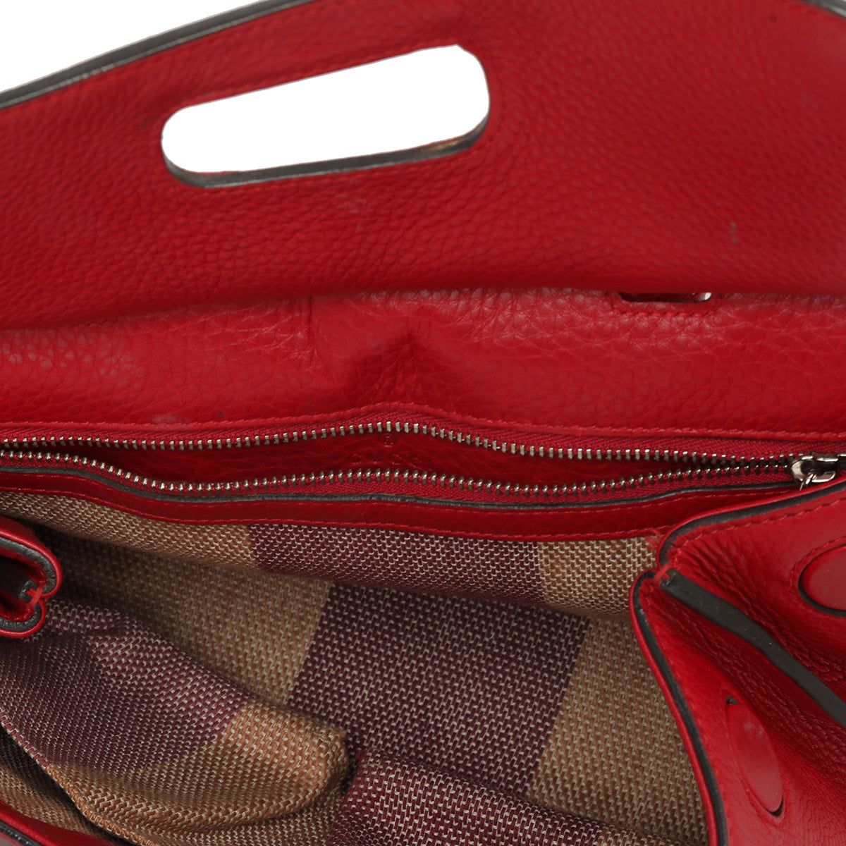 Red Pebbled Leather Bamboo Daily Top Handle Bag Small