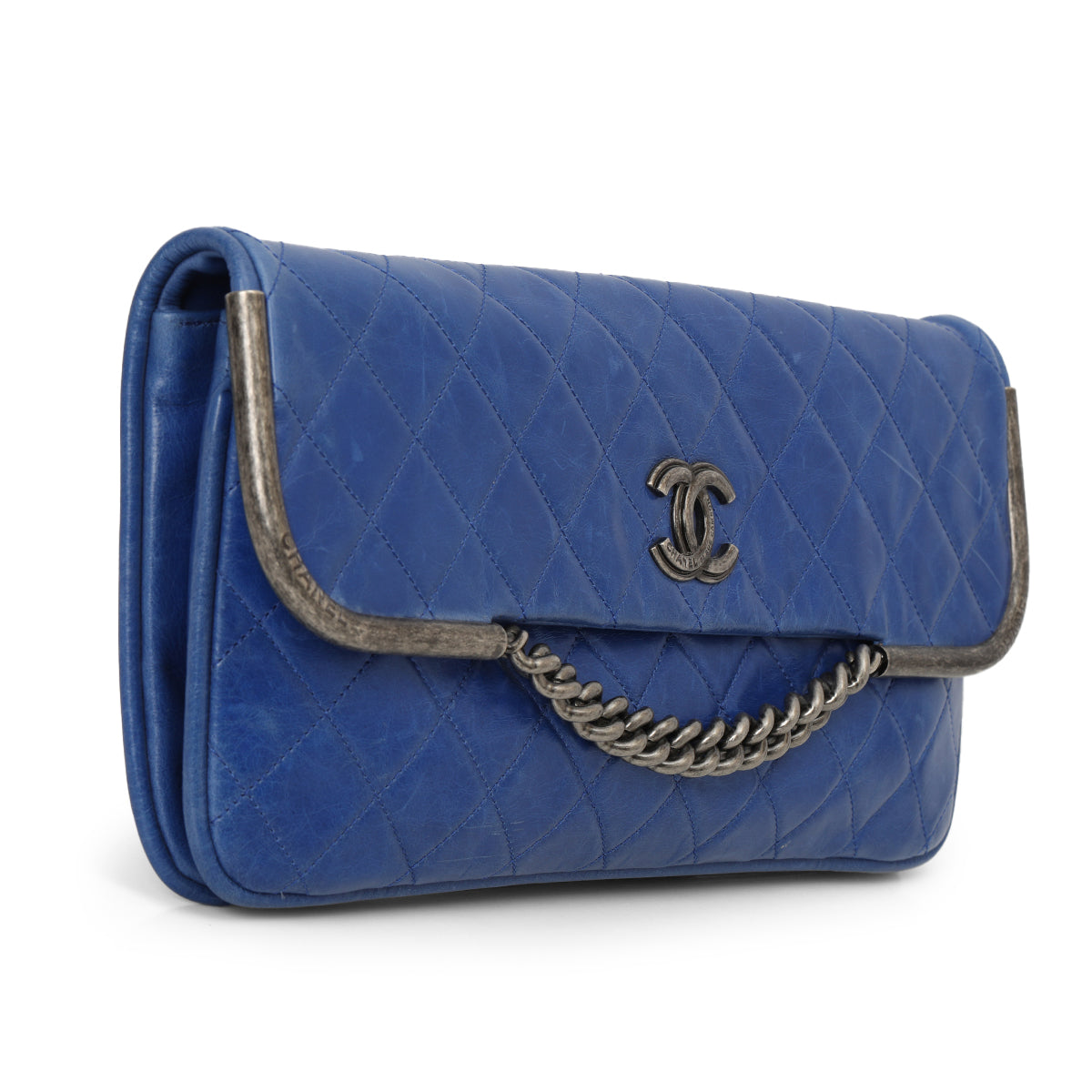 Blue Quilted Leather CC Chain Flap Wallet Medium