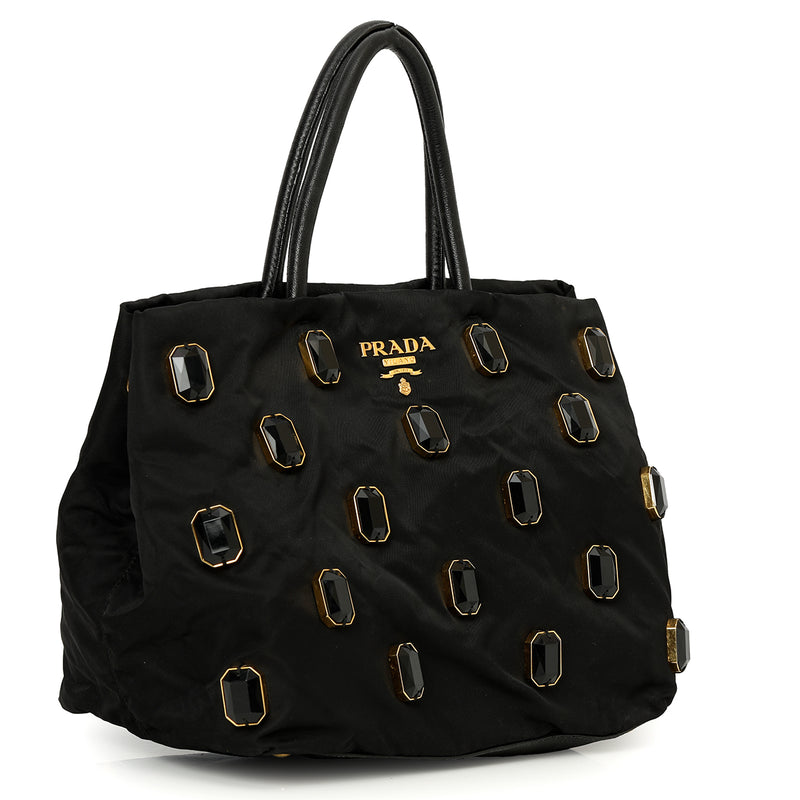 Women pre loved prada black tessuto nylon pietre jeweled tote one size
