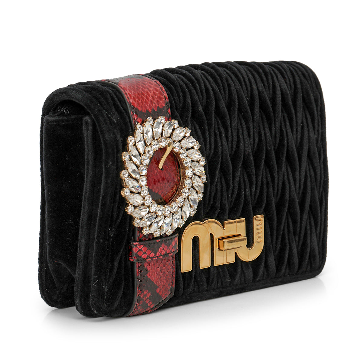 Miu Miu Black Velvet Python Trim Crystal My Miu Bag One Size