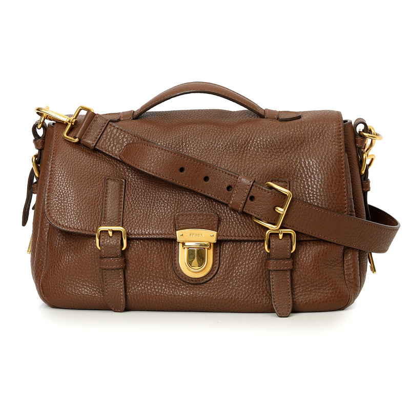 Prada Brown Leather Pushlock Flap Top Handle Bag Medium