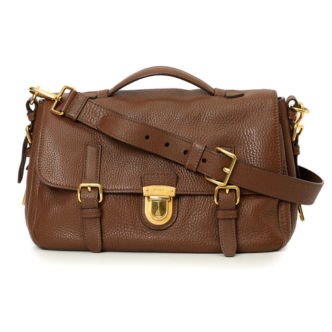 Brown Leather Pushlock Flap Top Handle Bag Medium