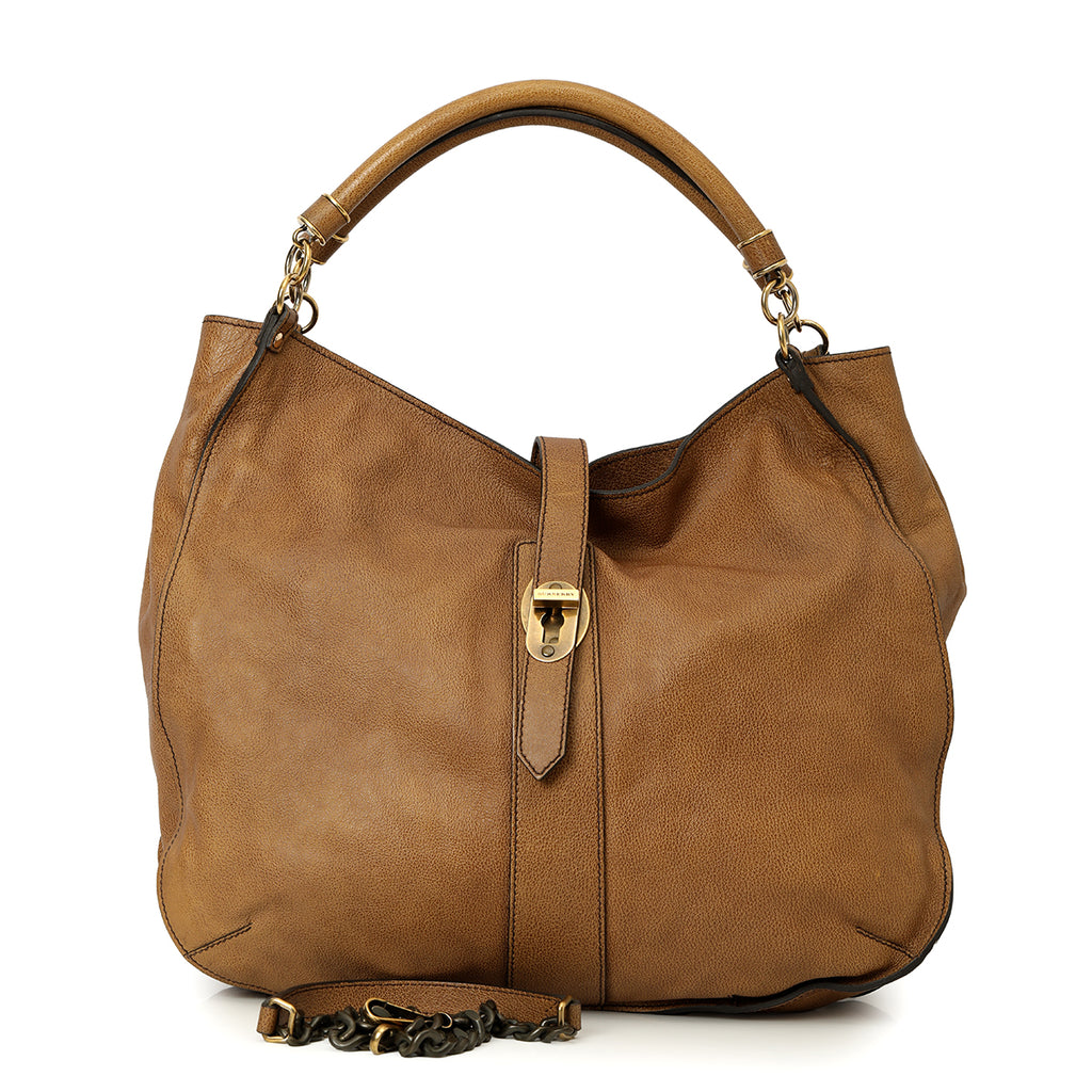 Shop Pre-Owned Authentic Burberry Brown Leather Bartow Hobo Bag