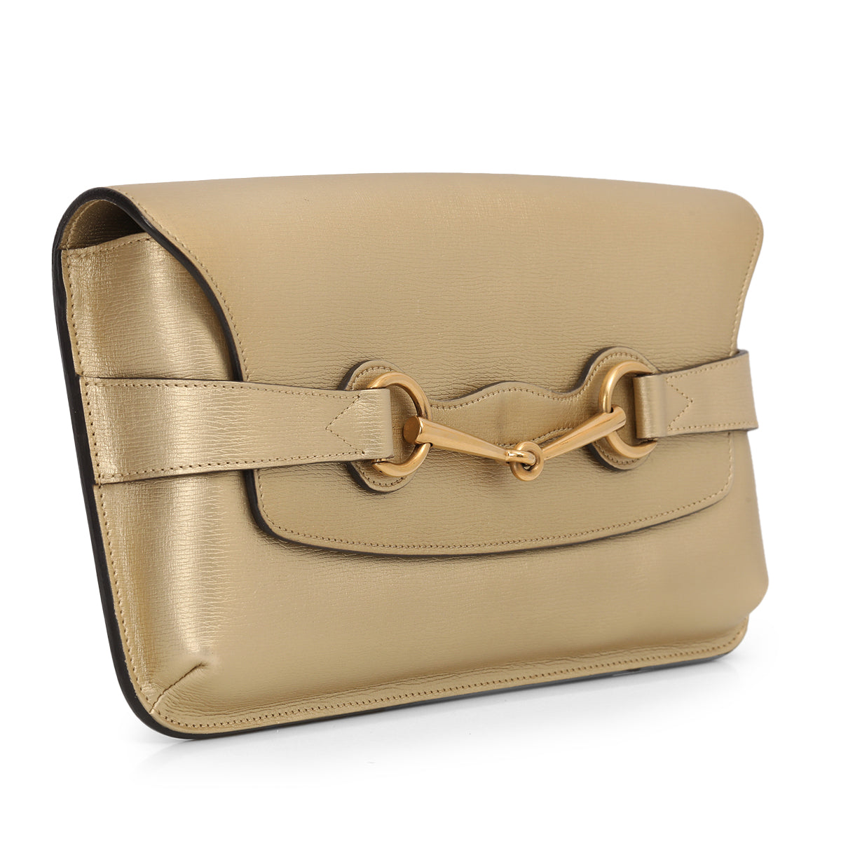 Metallic Beige Leather Horse Bit Detail Clutch Small