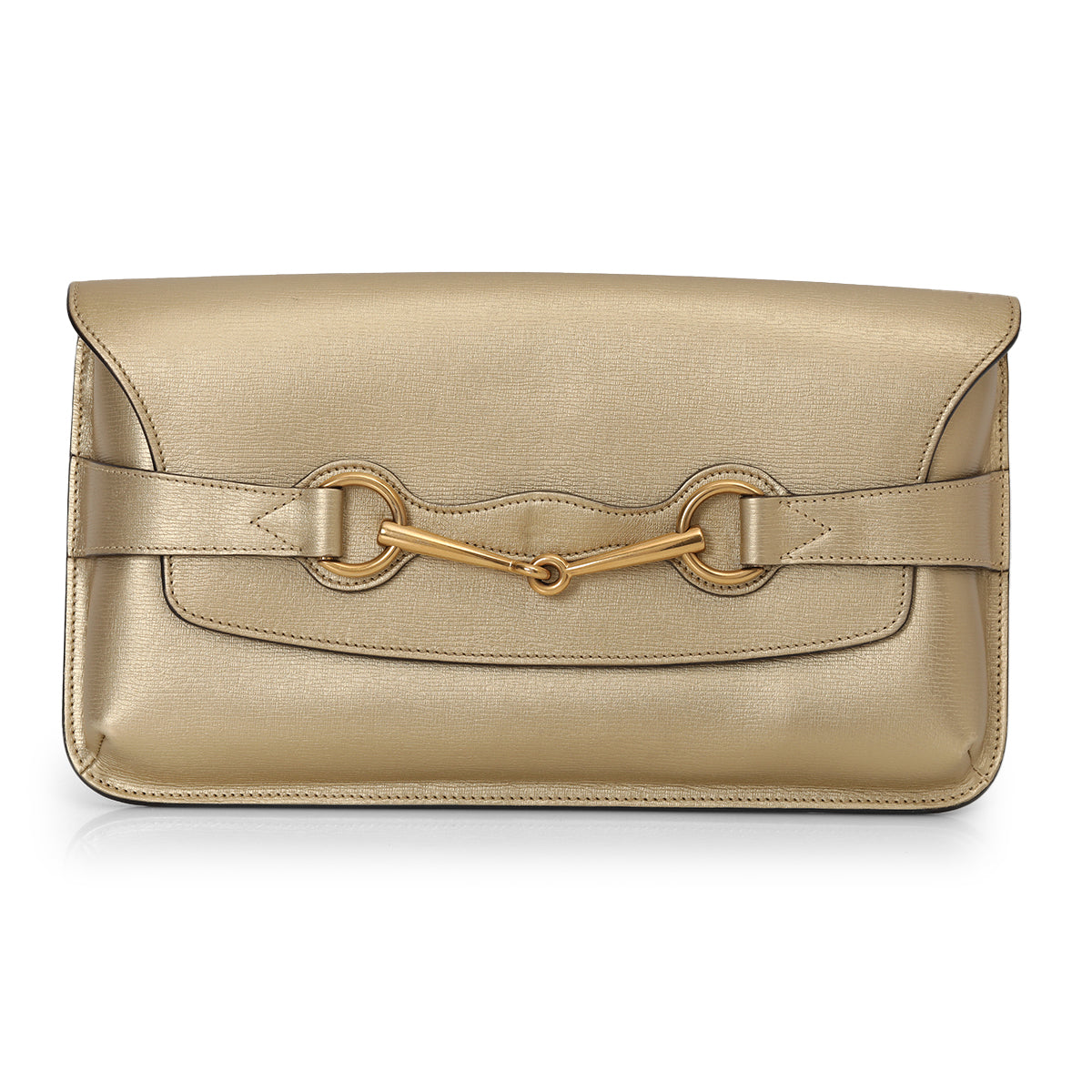 Metallic Beige Leather Horse Bit Detail Clutch Small