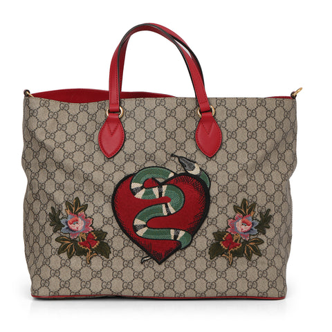 Beige GG Coated Canvas Supreme Embroidered Heart Snake Tote One Size