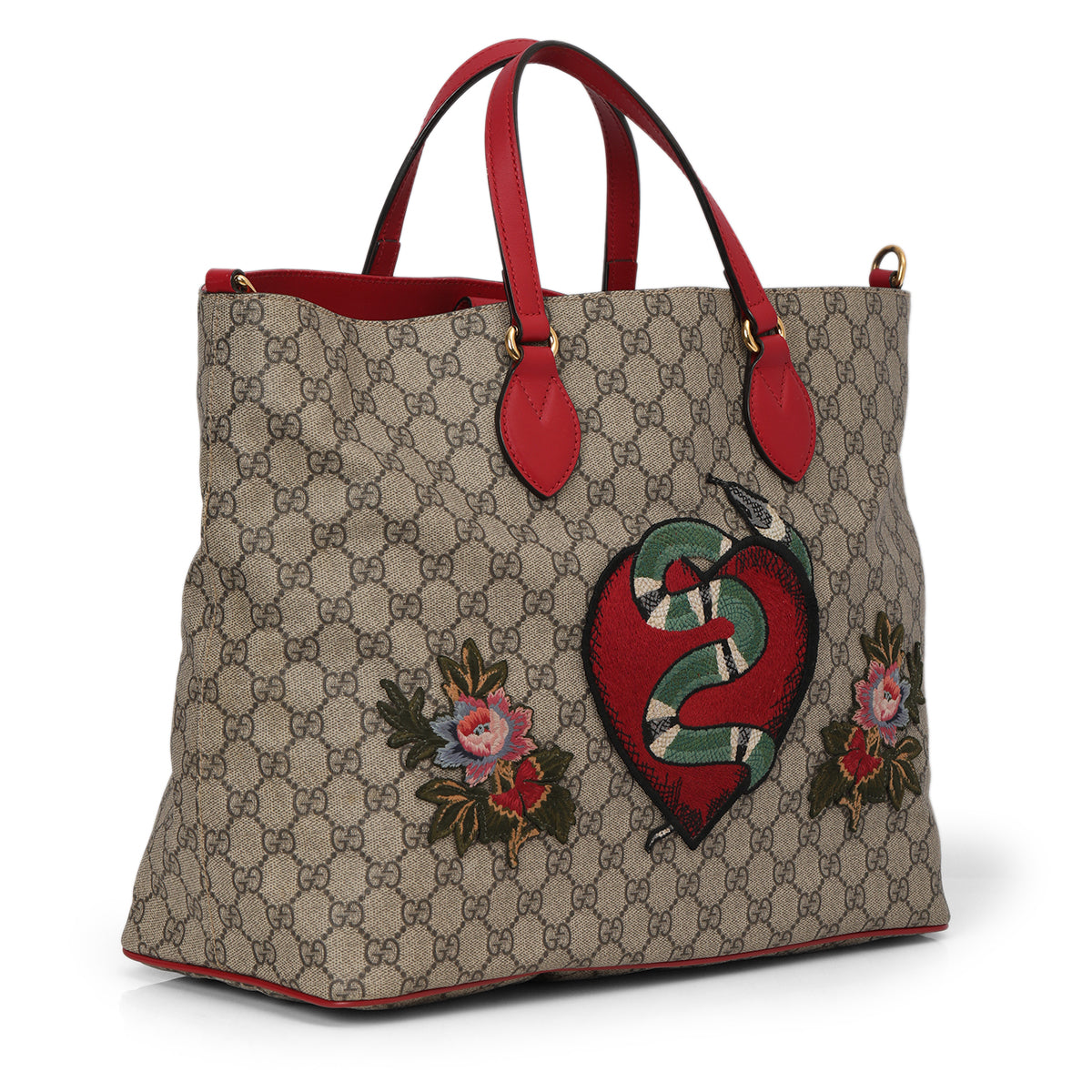 Beige GG Coated Canvas Supreme Embroidered Heart Snake Tote One Size