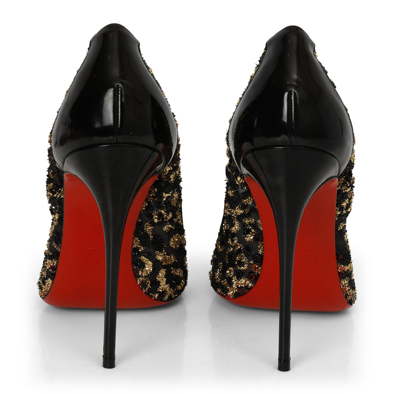Black/Gold Leopard Print Lurex Fringe Mesh And Patent Leather Follies Pumps Size: 38