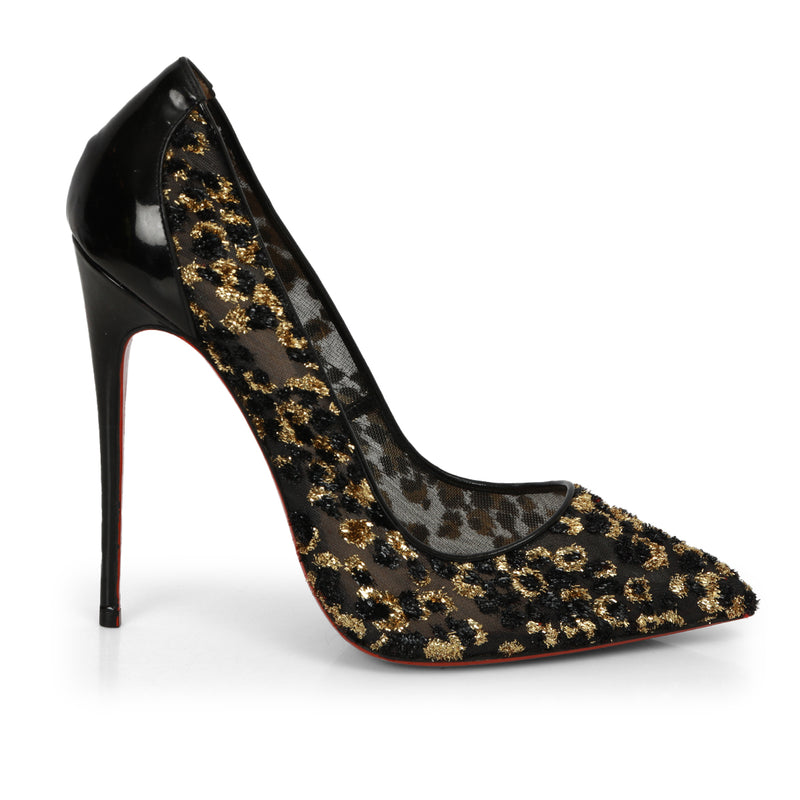 Black/Gold Leopard Print Lurex Fringe Mesh And Patent Leather Follies Pumps Size: 38