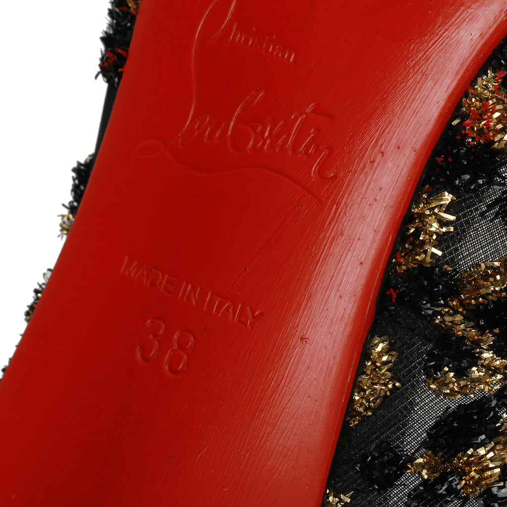 Christian Louboutin Black/Gold Leopard Print Lurex Fringe Mesh And