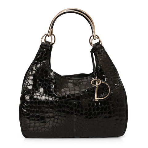Black Croc-Embossed Patent Leather 61 Bag