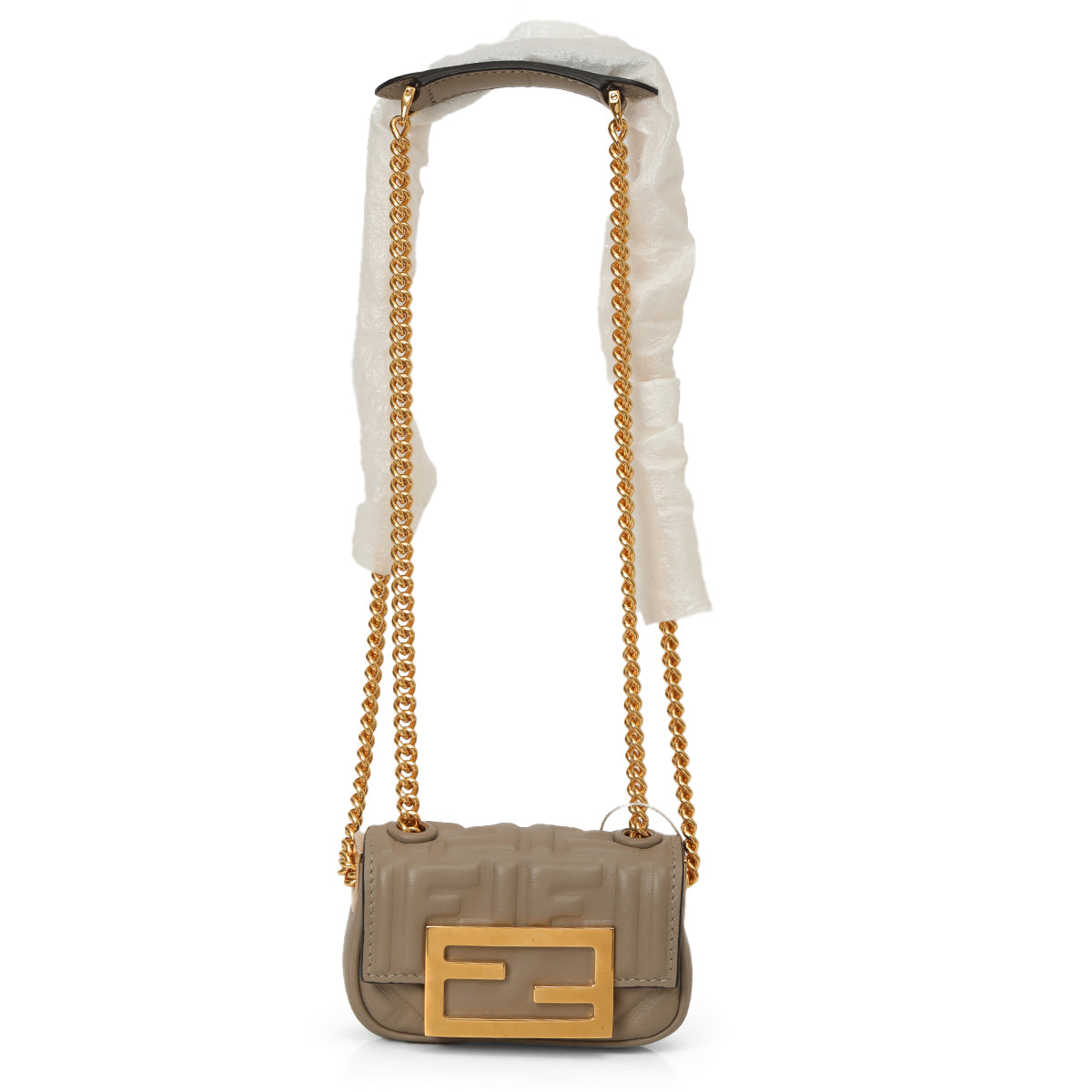 Beige Leather Nano Baguette Chain Sling Bag