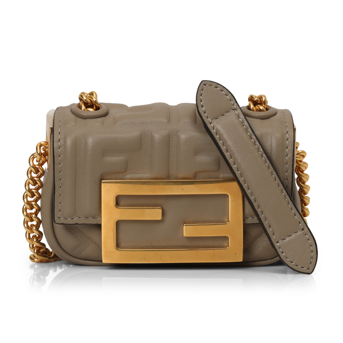 Beige Leather Nano Baguette Chain Sling Bag