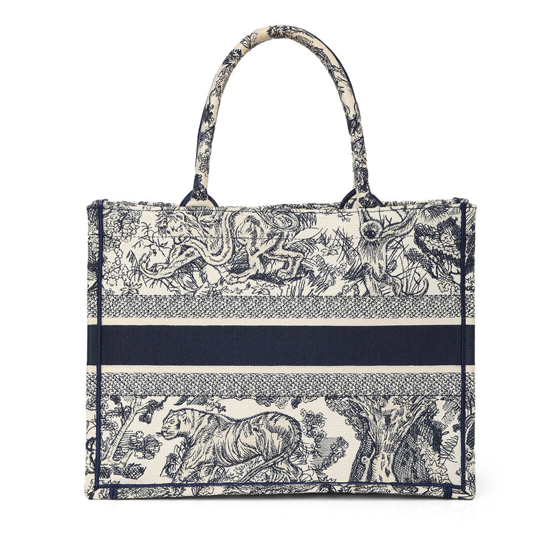 Book Tote Ecru And Blue Toile De Jouy Embroidery Medium