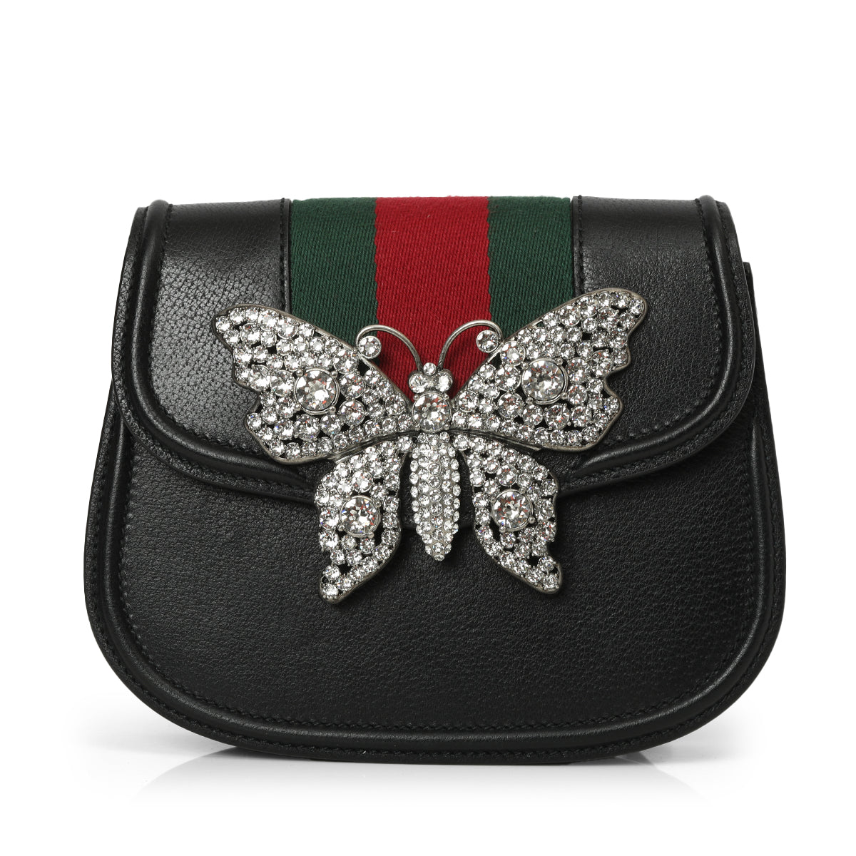 Gucci Black Leather Crystal Butterfly Linea Totem Shoulder Bag One Size