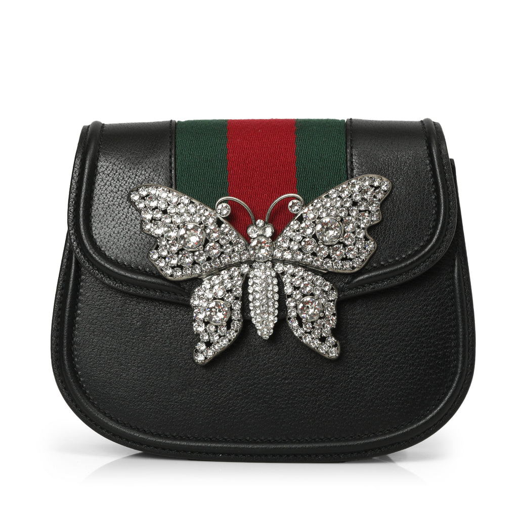 Gucci Black Leather Crystal Butterfly Linea Totem Shoulder Bag One Size