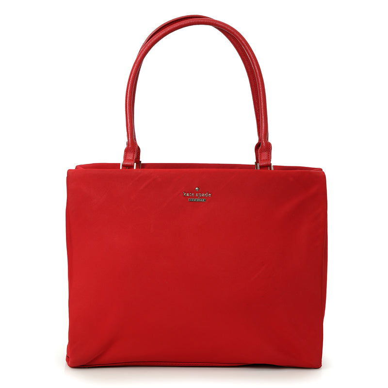 Red Nylon Leather Trim Tote