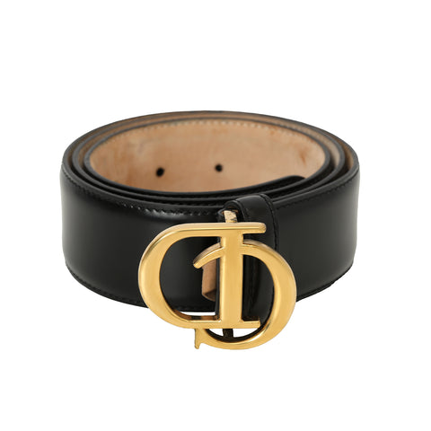 CD Initials 40mm Black Leather Belt Size: 85