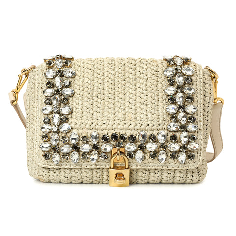 Crystal-Embellished Raffia Shoulder Bag  One Size