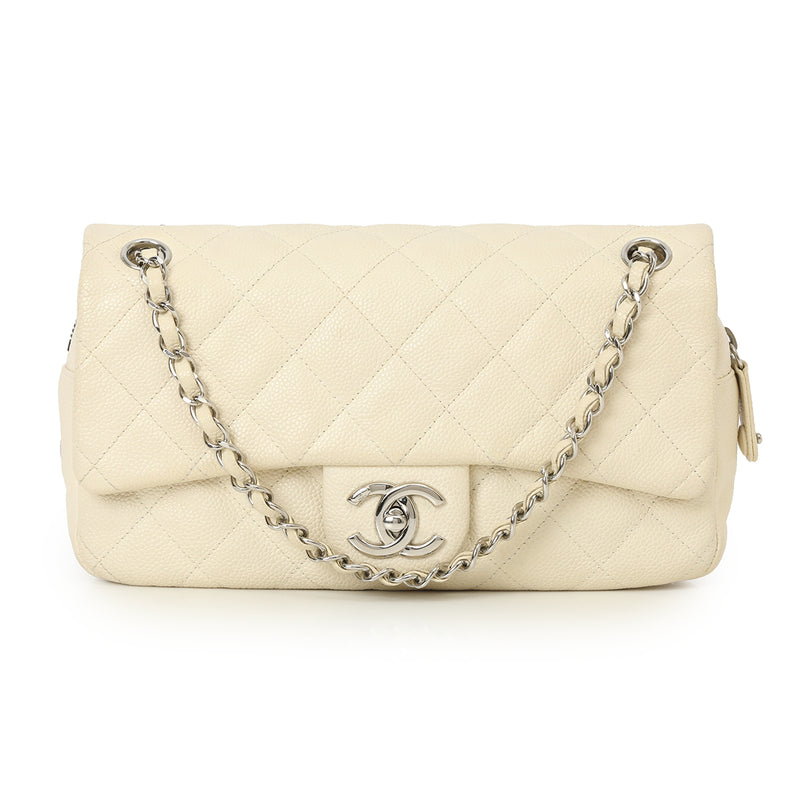 White Caviar Leather Easy Small Flap Shoulder Bag