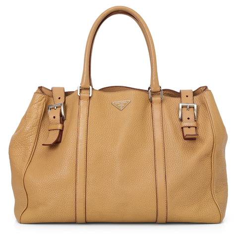 Prada Camel Vitello Daino Front Buckles Tote Large