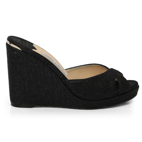 Black Textured Leather Prime Wedges -39.5