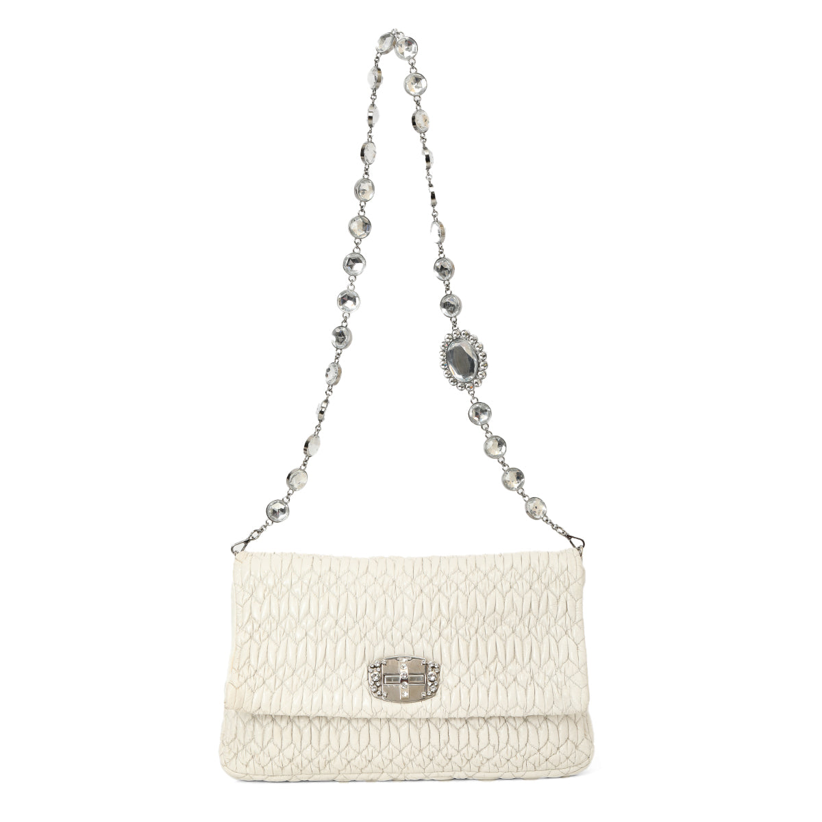 White Cloquet Quilted Nappa Leather Crystal Shoulder Bag Medium