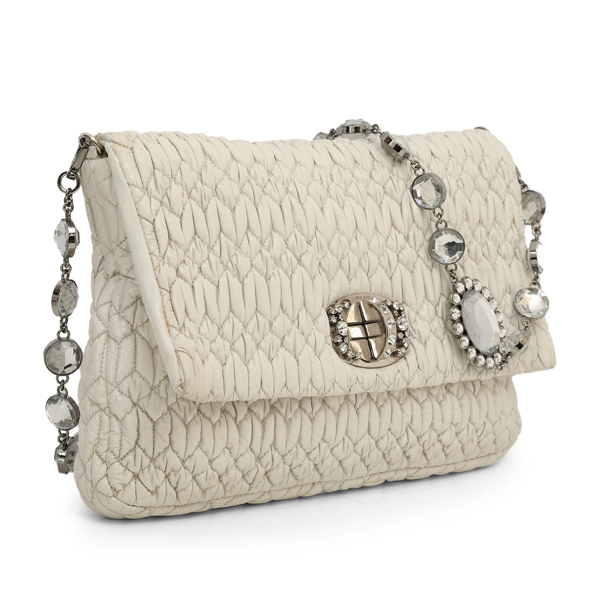 White Cloquet Quilted Nappa Leather Crystal Shoulder Bag Medium