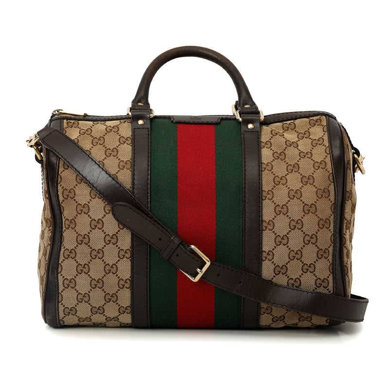 Pre-loved Gucci Beige/Brown Vintage Web Boston Bag Medium