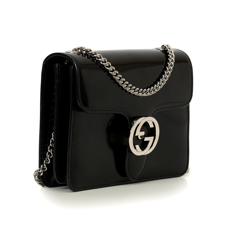 Women pre loved gucci black patent leather gg interlocking g bag one size