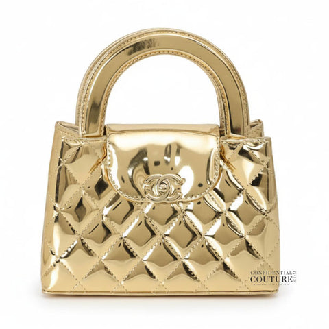 Gold Mirror Clafskin Quilted Mini Kelly Shopper Bag