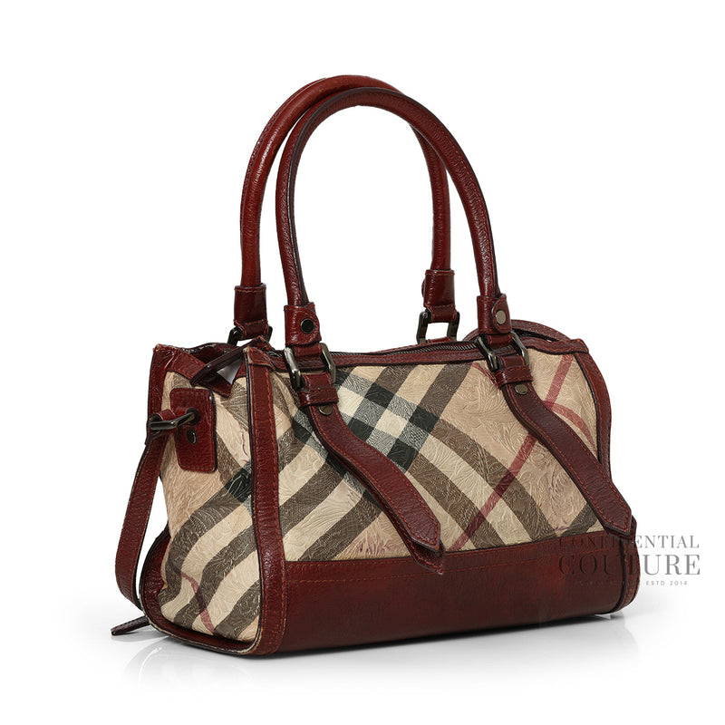 Dark Red/Beige Nova Check Floral Embossed PVC and Leather Satchel