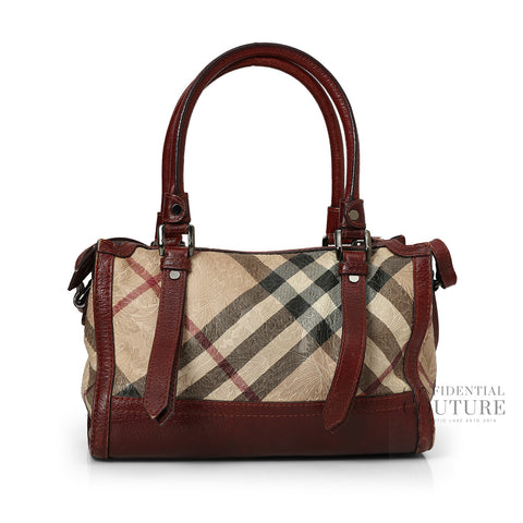 Dark Red/Beige Nova Check Floral Embossed PVC and Leather Satchel