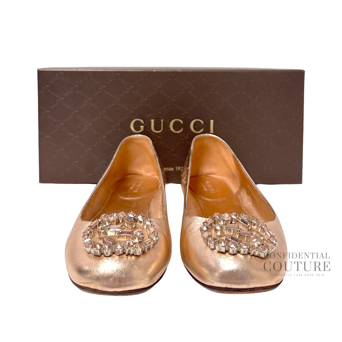 Crystal GG Embellished Metallic Pink Leather Ballet Flats | EU 37