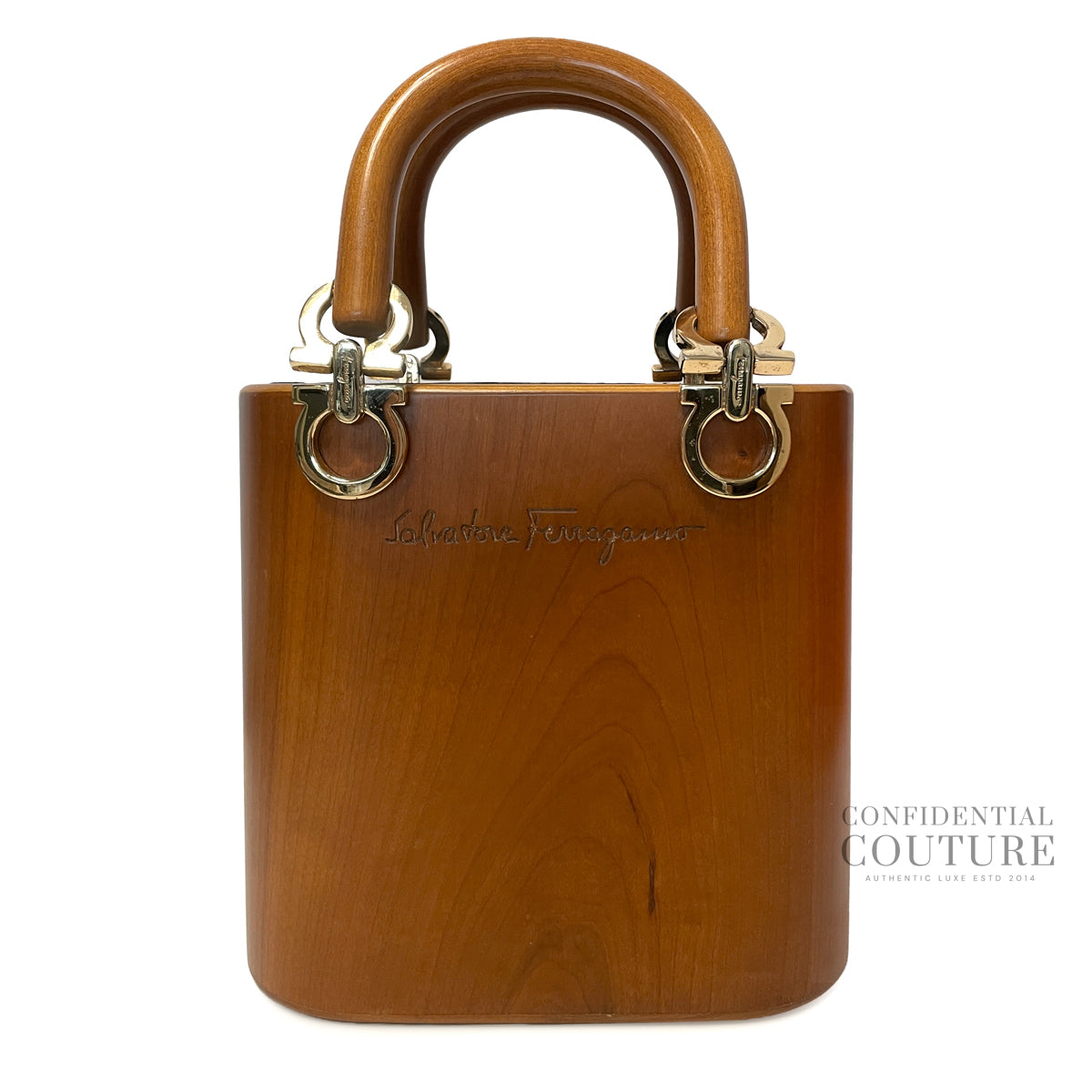 Tan Gancini Wooden Vintage Bucket Bag