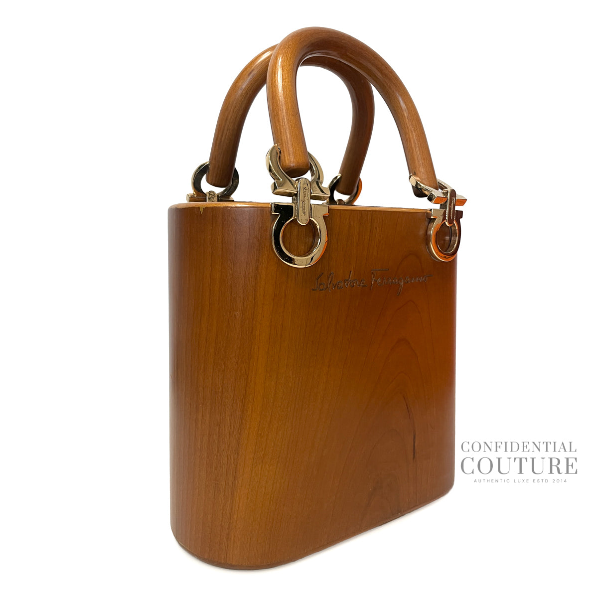 Tan Gancini Wooden Vintage Bucket Bag