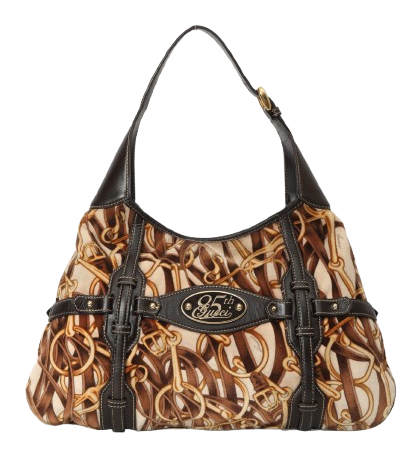 Dark Brown/Beige Leather & Horsebit Print Velvet Brit Hobo