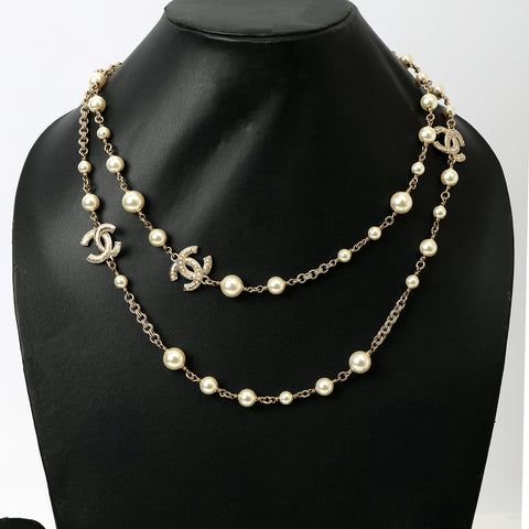 Pearl Chain Long Necklace With 3 CC Logo